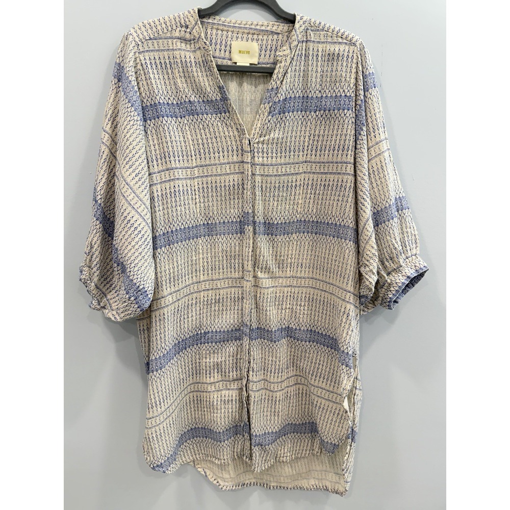 Maeve Anthropologie Tunic Medium Blue Cream Cotton Geometric Stripe Boho Top